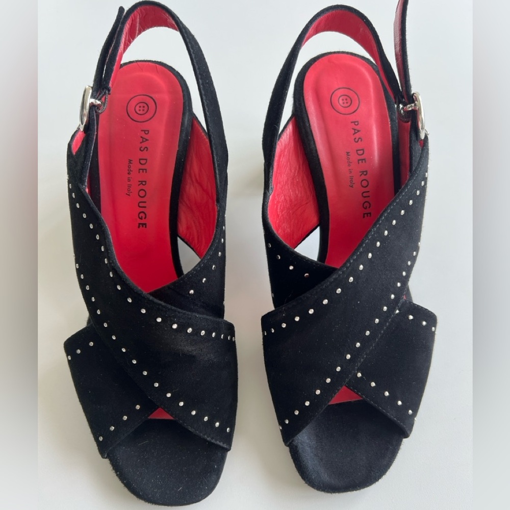 Pas De Rouge Black Suede Studded Slingback Sandals